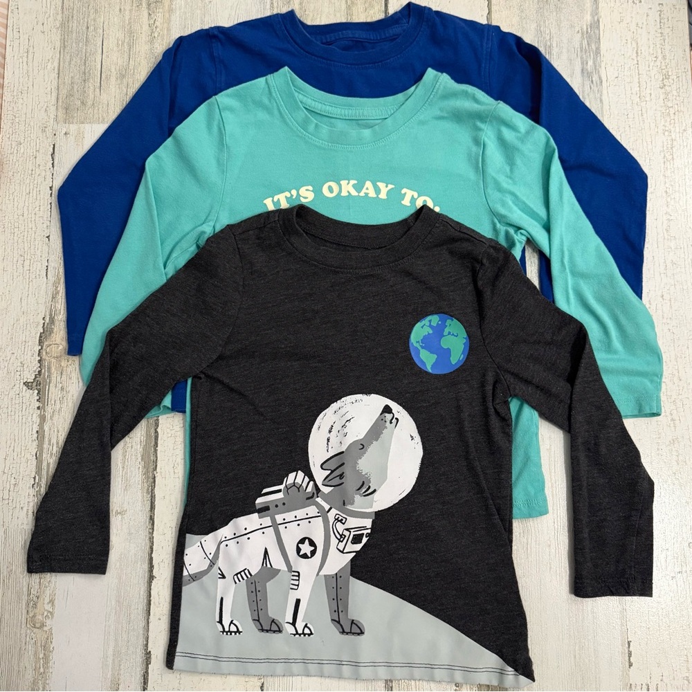 3-Pack Bundle of Kids Long Sleeve Tops - Space Wolf Graphic & Teal/Blue Basics